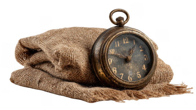 Antique pocket watch rests on a folded piece of burlap cloth, showcasing its vintage charm against a transparent background, perfect for designs related to time, history, or nostalgia - Powered by Adobe