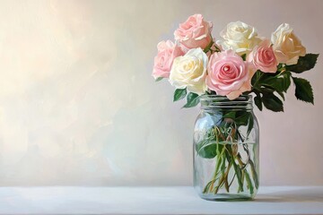 Mason jar with pastel pink and white roses on an all-white table against a plain background with soft painted tones