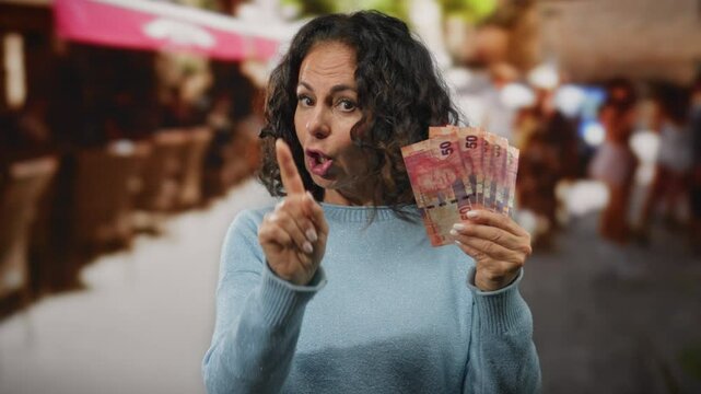 Woman holding south african rand, gesturing no with finger on city street, conveying disagreement or frustration in an outdoor setting.