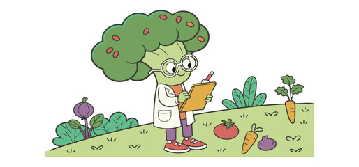 Cartoon broccoli character scientist taking notes about vegetables growing in a garden plot with plants and produce