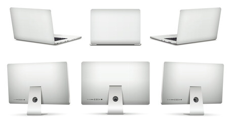 Realistic computer screen rear view mockup. Laptop computer rear view isolated on white background. Vector illustration