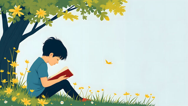 Minimalist of child reading book under tree surrounded by yellow flowers and green grass in peaceful outdoor setting