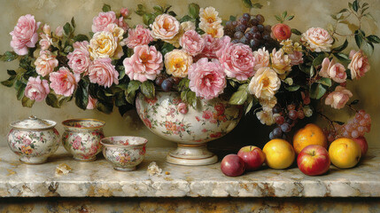 A stunning floral arrangement featuring delicate roses and fresh fruits artistically arranged on a marble surface, creating a vibrant and elegant still life