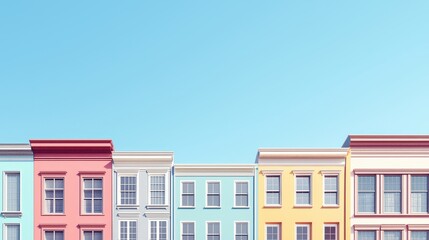 Obraz premium Minimalist row of pastel-colored buildings with sharp lines and geometric shapes under a blue sky, showcasing modern architectural design
