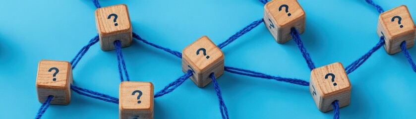 Wooden blocks with question marks are connected by blue strings, symbolizing a network of questions or uncertainty on a blue background.