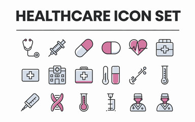 Healthcare Medical Icons Set Flat Design Illustration Graphic Resources Pink Theme Modern Medical Symbols Hospital Clinic Doctor Nurse Stethoscope Syringe Pills Thermometer First Aid Kit Vector Image 