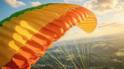 Brightly colored paraglider soaring through the air during a beautiful sunset over the hills.