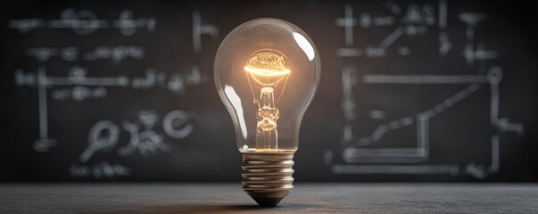 A glowing light bulb sits in front of a chalkboard filled with mathematical formulas and scientific diagrams.