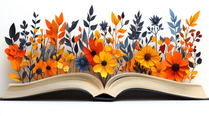 An open book adorned with vibrant paper flowers and foliage captures creativity and nature is beauty. Perfect for artistic projects or spring themes