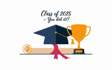 Graduation Cap Diploma Trophy Class of 2025 Achievement Success Celebration Academic Graduate Education Degree Ceremony School College University Student Congratulations Award Winner Golden Blue Red  