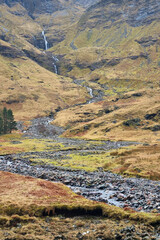 Serene Mountain Landscape with Cascading Waterfalls in Autumn Colors