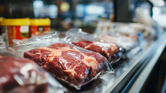 Vacuum-sealed meat in plastic package on store counter