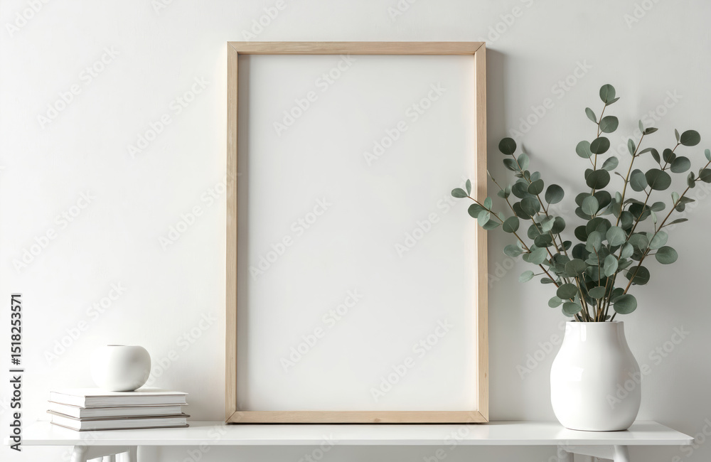 Poster wooden frame mockup with empty space on a white shelf with white pot and eucalyptus branches. perfec