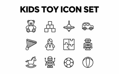Kids Toy Icon Set Collection Simple Line Art Design Childrens Playthings Graphic Elements Educational Playtime Cute Vector Illustrations Preschool Toddler Baby Rocking Horse Teddy Bear Blocks Puzzle  