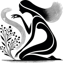 Black-and-white minimalist artwork of a graceful woman leaning over a bouquet of dried herbs, with fine lines suggesting aroma, featuring an elegant oil drop silhouette symbolizing wellness.
