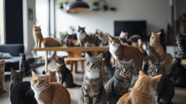 Many cats in a modern room asking for food