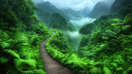 Discover a tranquil pathway winding through a lush green mountainous forest, enveloped in mist and surrounded by vibrant flora, perfect for nature lovers