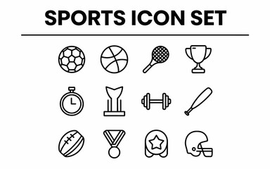 Sports Icons Set Line Art Graphic Design Elements Vector Illustration Athletic Equipment Championship Trophy Competition Fitness Gym Workout Exercise Symbols Silhouette Minimalist Modern Clean Simple 