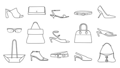 Fashion accessories and footwear collection featuring bags, shoes, and belts in a minimalist line art style. A creative arrangement of various fashion accessories  sketched in a line art style