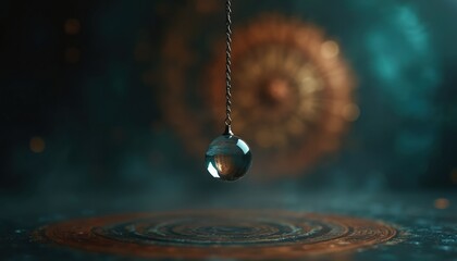 Transparent pendulum swings against blurred background. Hypnotism concept visible. Mental health treatment, psychotherapy, spiritualism, alternative medicine visualization. Hypnosis, meditation