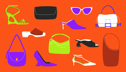 A bold and colorful flat vector illustration featuring a variety of stylish women's fashion accessories on a bright orange background. 