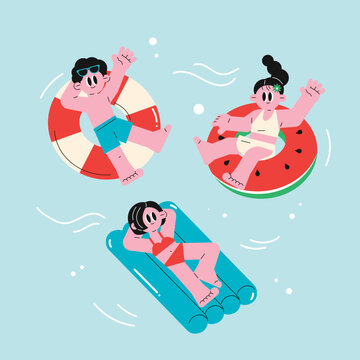 People relaxing on floaties in a swimming pool during summer