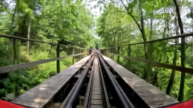 Wooden rollercoaster track through trees