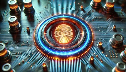An image of a glowing fingerprint scanner embedded in a high-tech circuit board