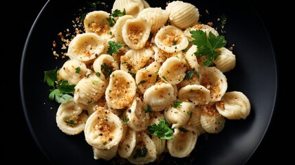 Orecchiette pasta with breadcrumbs and fresh parsley on black plate