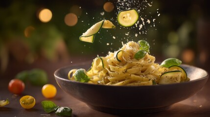 Pasta with Zucchini, Basil, and Sprinkling Parmesan Cheese