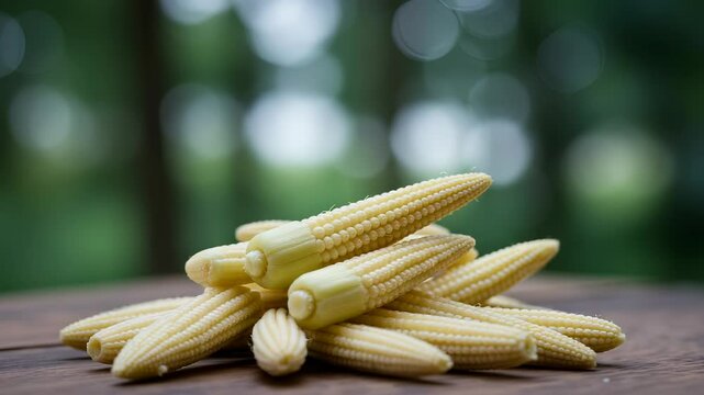 Display of Fresh Baby Corn Cobs on a Rustic Wooden Surface, Ready for Culinary Use