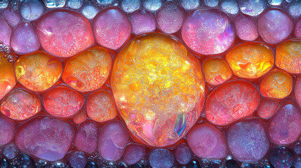 Stunning close-up of colorful droplets and bubbles creating an abstract background. This vibrant and artistic image showcases unique shapes and textures