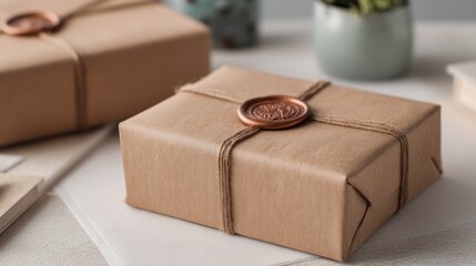 Rustic Gift Box Wrapped in Brown Paper with Wax Seal