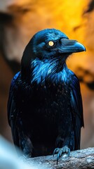 A majestic raven with striking blue feathers and intense golden eyes, perched elegantly.