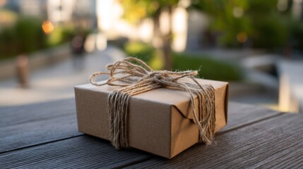 Rustic Brown Gift Box with Twine on Outdoor Wooden Table