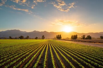 Rows of Young Crops in a Field at Sunset with Mountains