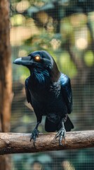 A stunning close-up of a raven with glowing eyes perched on a rustic branch.