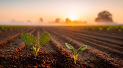 Seedlings Sprouting in Field at Golden Sunrise