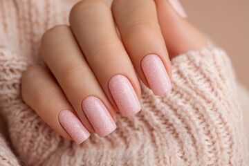 Sparkling Pink Manicure on Cozy Knit Background