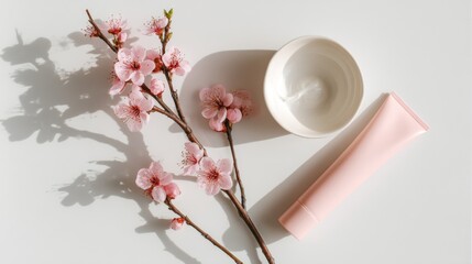 Spring beauty product arrangement with cherry blossoms