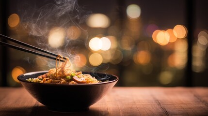 Steaming Noodles and Chopsticks Against Blurry City Night Lights