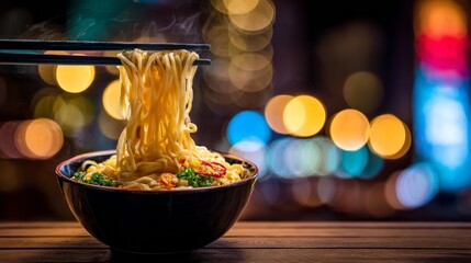 Steaming Noodles Lifted by Chopsticks Against City Lights Bokeh Background