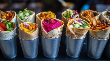 Variety of delicious savory food wraps in individual metal cups