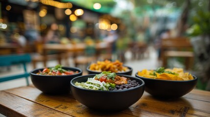 Variety of Flavorful Meal Bowls on Table in Casual Restaurant Setting