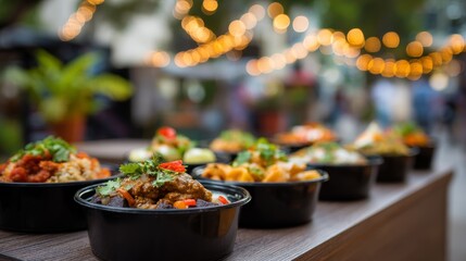 Variety of food bowls served at an outdoor market under festive lights