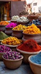 Vibrant Market Stall with Assorted Spices and Dried Flowers in Pots