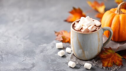 Warm chocolate drink with marshmallows, pumpkin, and fall leaves