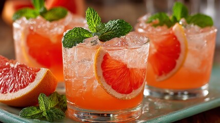 Refreshing Grapefruit Cocktails with Ice and Fresh Mint Garnish