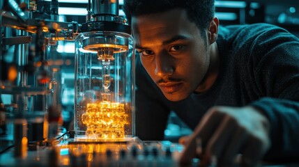 A focused scientist examines a complex piece of lab equipment, exploring scientific innovation and technology.