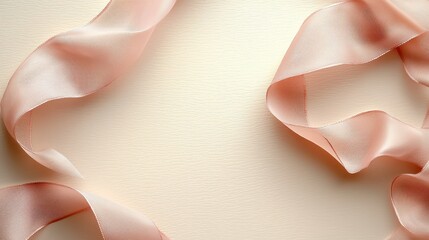 A delicate pink silk ribbon gracefully curves across a textured cream-colored backdrop.